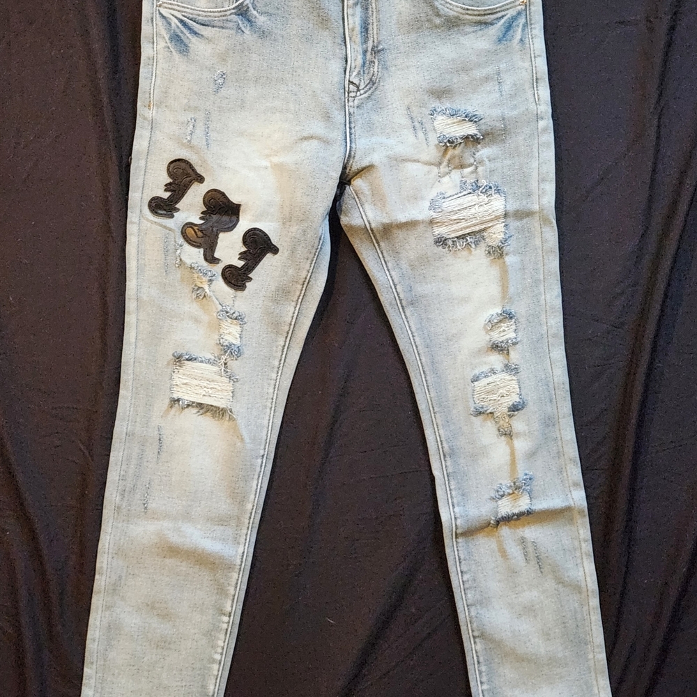 Distressed Amiri Light Blue Jeans with Black Accents Brand New With Tags Size 34